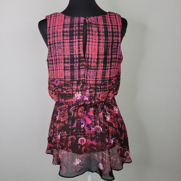 Bisou Bisou Pink Floral Plaid Peplum Blouse Top Size Small - Picture 5 of 9